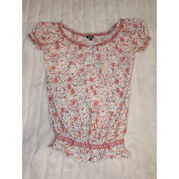 Nuon Women's Cotton Smocked Floral Short Sleeve Elastic Waist Blouse Small - Picture 1 of 10